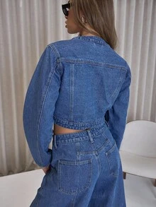 MUSERA 弧形前襟灯笼袖纽扣宽松牛仔外套，优雅性感街头风，适合秋季、夜晚外出、春夏穿着。 - 中等水洗藍 - 查看 2