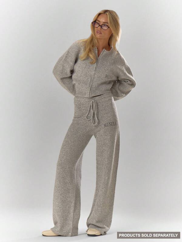 MUSERA Oversized Rib Knit Embroidered Detail Wide Leg Trousers Only Fall Autumn Cosy Cute Casual Coffee Club Winter Christmas Elegant Evening Party