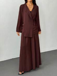 SHEIN PETITE 2025秋冬新品，音乐节、毕业季、学院风、学生装、日常休闲、度假、海滩、日光浴、街头风，女士两件套：棕色亚麻质感系带衬衫和阔腿裤 - 棕色 - 查看 4
