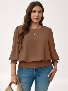 SHEIN LUNE Bluzka w dużym rozmiarze, swobodna, w jednolitym kolorze, z bufiastymi rękawami, na Nowy Rok, Święta/Jesień/Zima - Czekoladowy brązowy - Zobacz 6