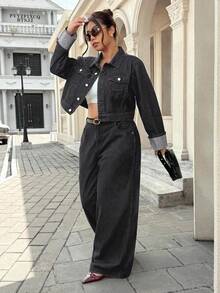 SHEIN ICON Áo khoác denim tay bo cổ cổ điển cỡ lớn, màu xám đậm - Màu xám đen - Xem 4