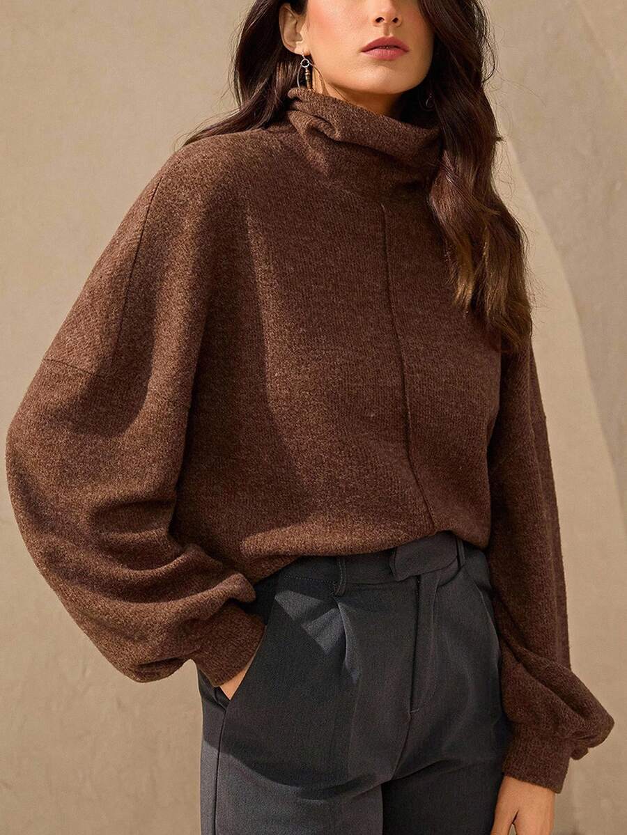 Wildy Sudadera casual holgada de mujer con cuello alto, manga larga y hombros caídos, de unicolor. Suéter de cuello alto de otoño para mujer, suéter de invierno de cuello alto marrón para mujer