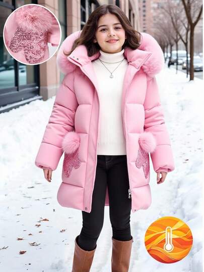 SHEIN 1pc Girls' Pink Hooded Padded Coat With Pockets And Sequin Design, Mid-Length, Suitable For Autumn/Winter