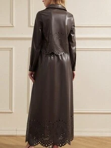 Zanirela Conjunto de 2 piezas de otoño nuevo estilo francés marrón oscuro elegante con top de PU pesado con láser hueco y cremallera y falda de largo medio, estilo casual europeo elegante para citas de mujer - Marrón - Ver 6