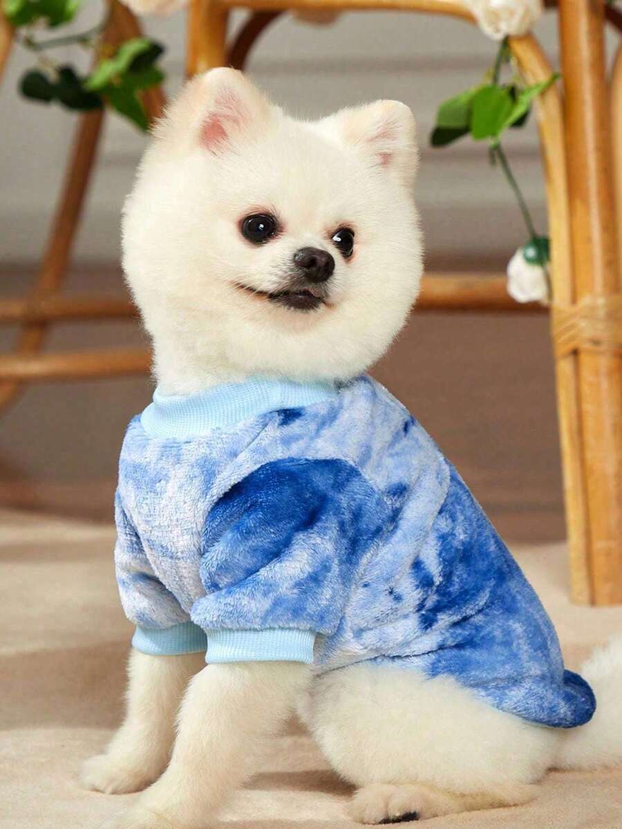 PETSIN 1pc Blue Tie-Dye Plush Fleece Pet Sweatshirt - Multicolor - View 1