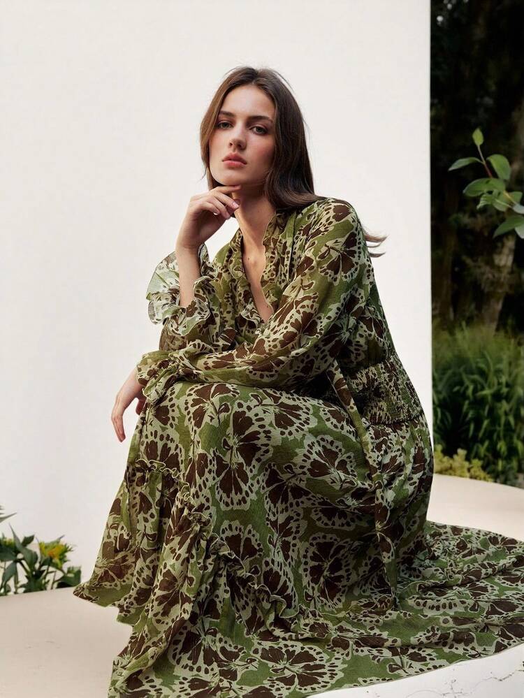 SHEIN Maija Women's Full Print Frill Trim Tie Neck Long Sleeve Cinched Waist Elegant Dress,Fall Dresses For Women