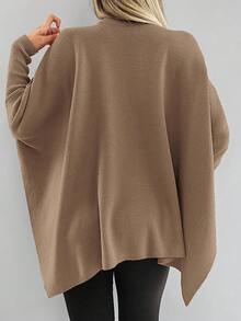 EURMUSE Mock Neck Batwing Sleeve Asymmetrical Hem Sweater - Camel - View 2