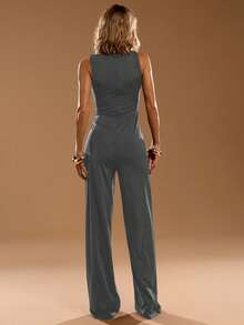 SHEIN BAE Elegante tuta nera ampia senza maniche, adatta per uso quotidiano, appuntamenti, uscite, feste, raduni, pezzo versatile per stratificazione da donna, tuta asimmetrica, tuta a gamba larga, tuta per San Valentino, tuta da tutti i giorni, tuta elegante