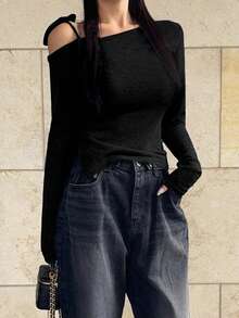 DAZY 女士休闲纯色不对称肩带长袖T恤露肩上衣可爱上衣 - 黑色 - 查看 2