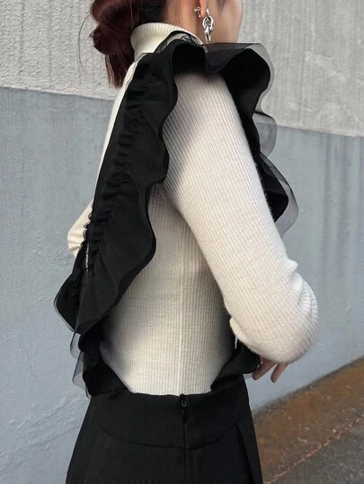 FRIFUL 女式荷叶边盖袖V领褶皱宽松直筒连体裤秋冬款