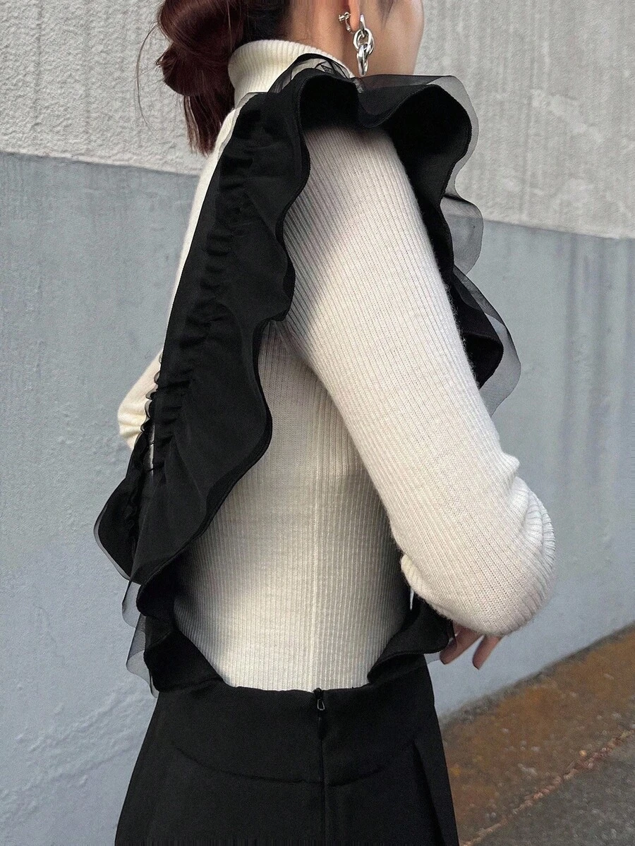 FRIFUL 女式荷叶边盖袖V领褶皱宽松直筒连体裤秋冬款 - 黑色 - 查看 1