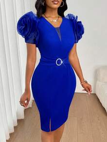 SHEIN Lady 女式纯色V领短袖花卉装饰修身优雅连衣裙 - 寶藍色 - 查看 5