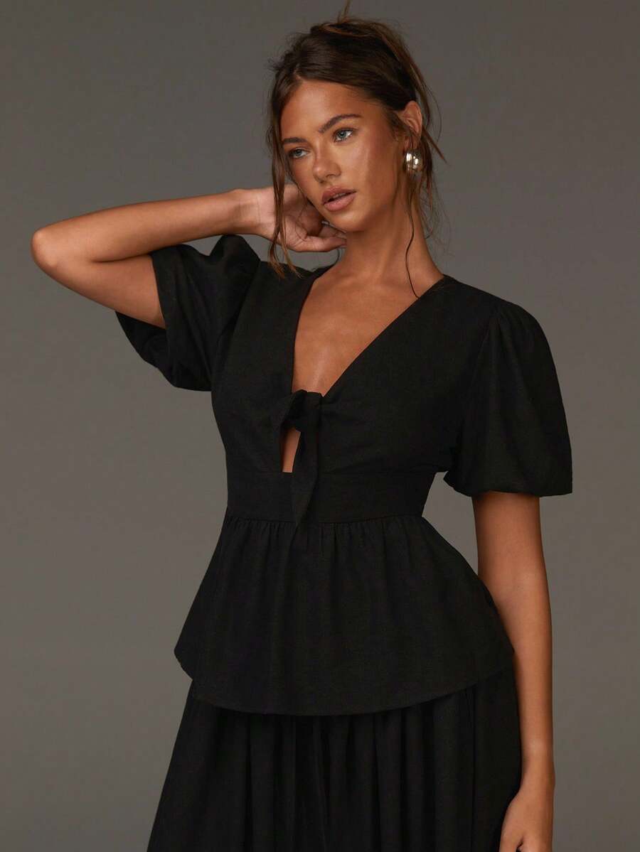 Athîral Women's Black French V-Neck Peplum Top,Elegant Puff Sleeves Waist Tie Belt Flounce Hem,Summer Brunch Parisian Chic Girly Date Night Top - Black - View 1