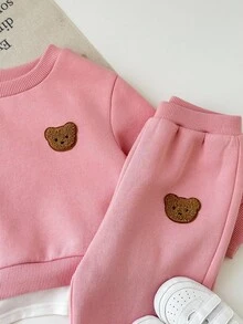 SHEIN Komplet dla dziewczynki z bluzą z długim rękawem i spodniami z nadrukiem uroczego misia w kreskówkowym stylu, swobodny na jesień/zimę