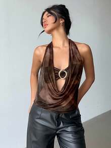 Aloruh New Sexy Semi-Sheer Plunging Neck Brown Tie-Dye Tie Dye Full Print Halter Backless Top With Modern Metal Decor, Suitable For Party, Date, Y2K