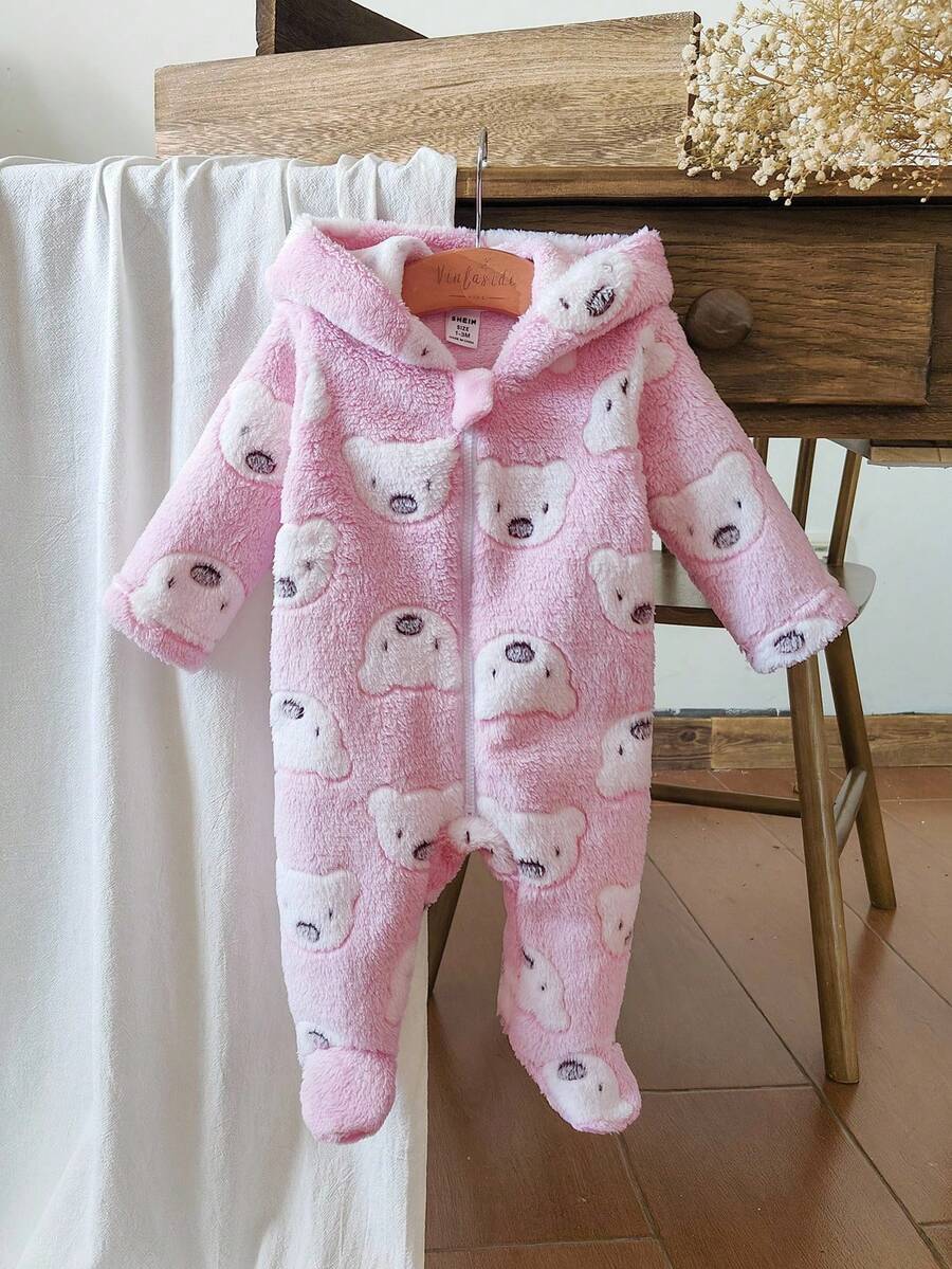 Vintaside Kids 新生儿简约时尚可爱波尔卡圆点长袖连帽羊毛连体睡衣 - 粉色 - 查看 1