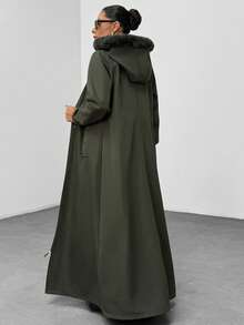 Khaki Long Hooded Parka With Faux Fur Trim - Khaki - View 2
