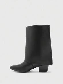 CUCCOO BIZCHIC 高品质黑色纽扣踝靴，尖头粗跟优雅女靴，时尚百搭新款长靴，展现女性魅力与优雅 - 黑色 - 查看 9