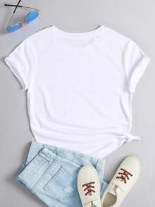 EMERY ROSE 粉色蝴蝶图案常规圆领短袖女式T恤 - 白色 - 查看 2