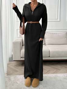 EURMUSE 拉链长款毛衣裙 - 黑色 - 查看 6