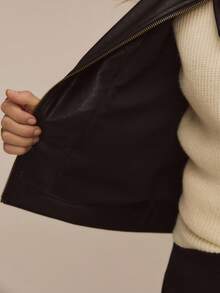 ATUI Studio Women's Black Casual Loose Long Sleeve Jacket, Autumn/Winter Fabric, Wide Shoulder Zip-Up PU Leather Jacket