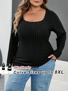 SHEIN CURVE+ Femmes grande taille Retour à l'école Saison Quotidien Casual Yoga Intérieur Extérieur Confortable Noir Tricoté Élastique Tissu unicolore Col Rond Manches Longues T-Shirt Tricoté, Pour Hiver/Automne/Hiver