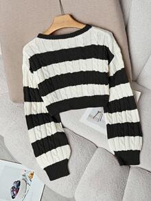 Franclia Women's Basic Contrast Color Lantern Sleeve Twist Rope Sweater, Suitable For Spring And Autumn - Black - View 2
