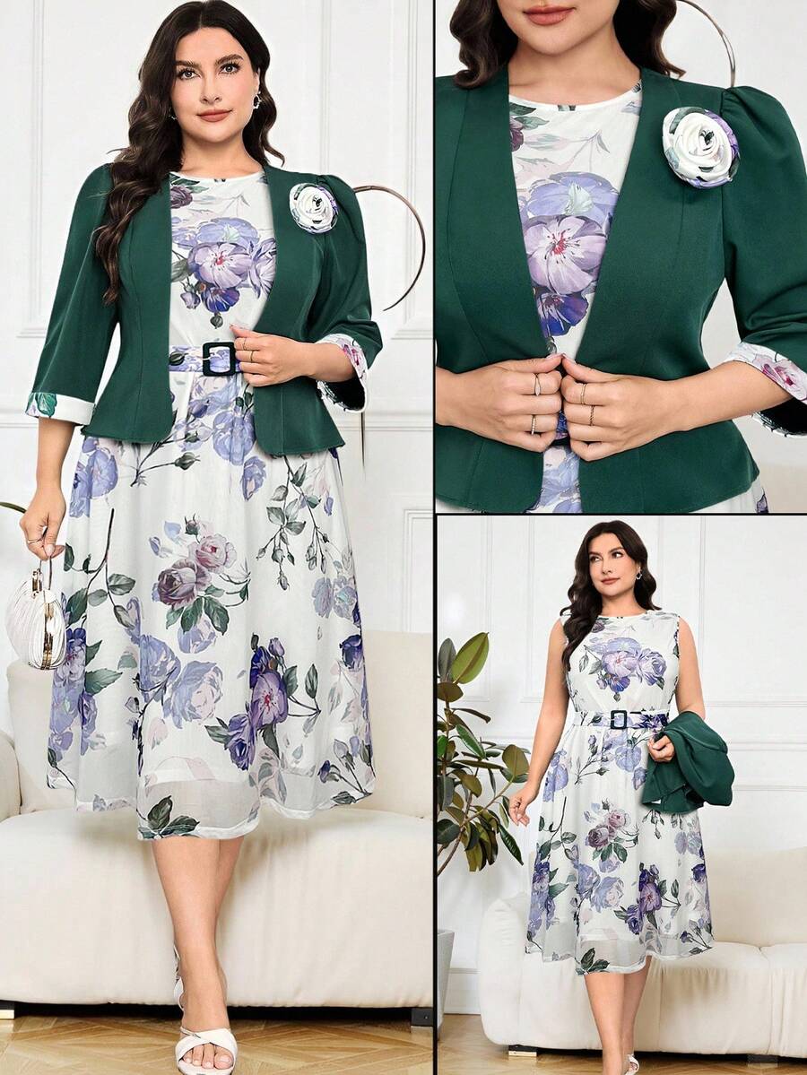 Modelyn Plus Size Women 3/4 Sleeve Jacket With Floral Decor And Sleeveless Floral Print Dress Elegant 2-Piece Set, Autumn - White - View 1
