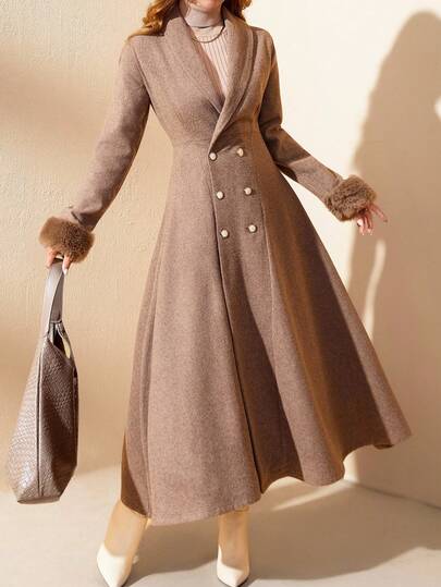 CLARA VERO Taupe Long Wool Blend Coat With Double-Breasted Pearl Buttons And Faux Fur Cuffs, Elegant Winter Outerwear