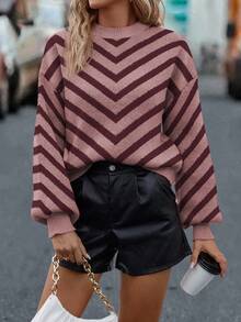 EMERY ROSE Suéter holgado casual de mujer con cuello redondo, mangas largas y hombros caídos, a rayas, para otoño/invierno - Rosa vieja - Ver 3