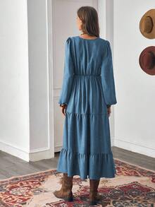 LanaWest Women's Autumn Bohemian Casual Vacation Style Rust Brown Design V-Neck Long Sleeve Patchwork Dress