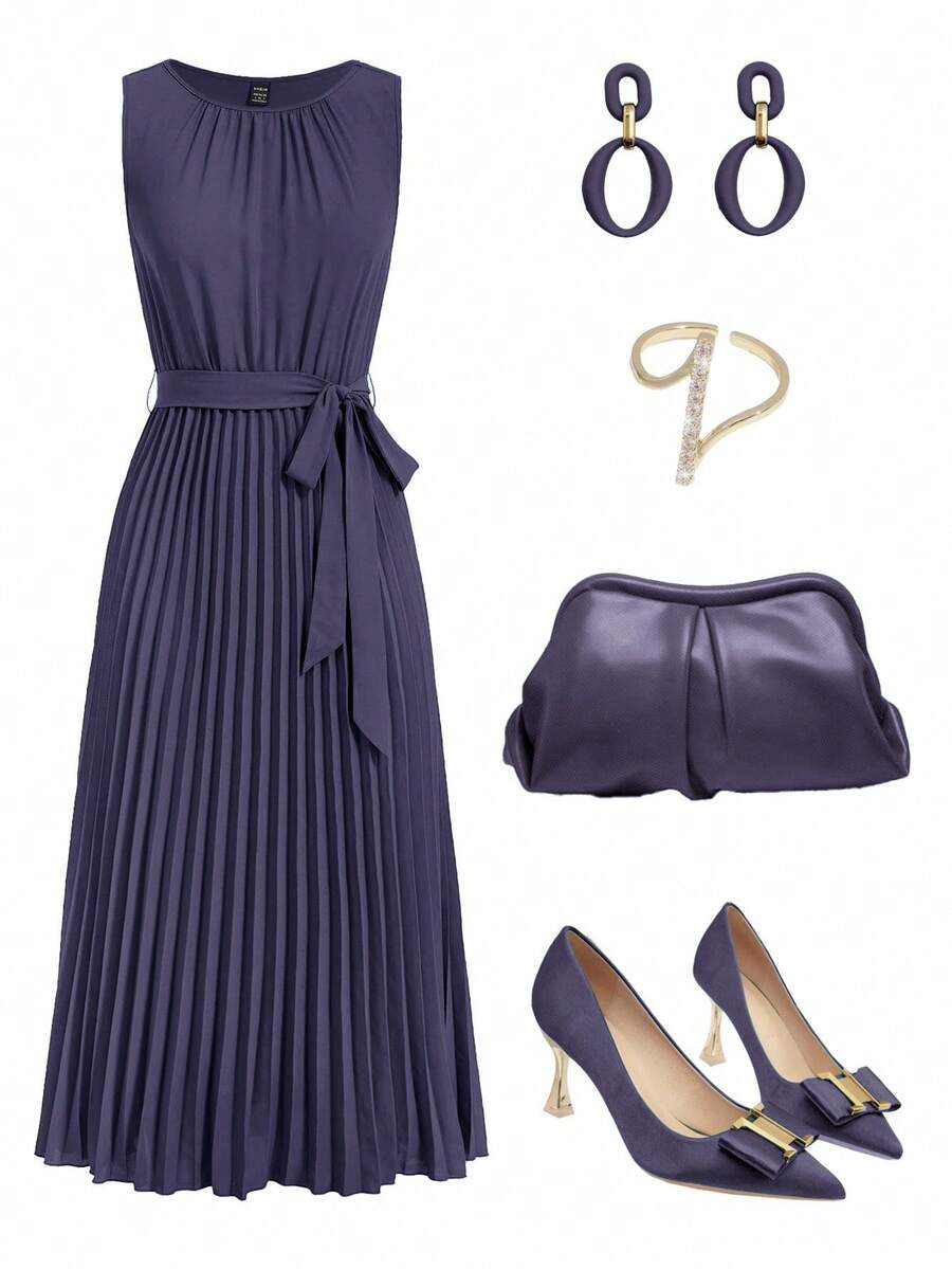 Ellevyn Váy không tay màu trơn có viền xếp ly dành cho nữ - Xám - Xem 1