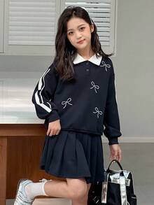 DAZY Tween Girl Casual Set: Striped Polo Neck Sweatshirt With Bow Detail And Pleated Mini Skirt, Autumn - Navy Blue - View 2