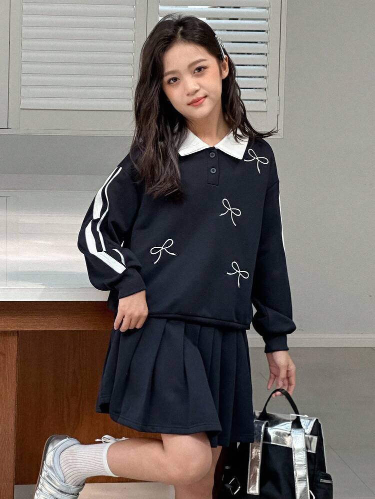 Tween Girl Casual Set: Striped Polo Neck Sweatshirt With Bow Detail And Pleated Mini Skirt, Autumn