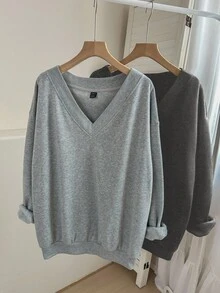 EMERY ROSE 2pcs/Set Plus Size V-Neck Loose Fleece Sweatshirt, Dark Grey & Light Grey, Suitable For Fall/Winter