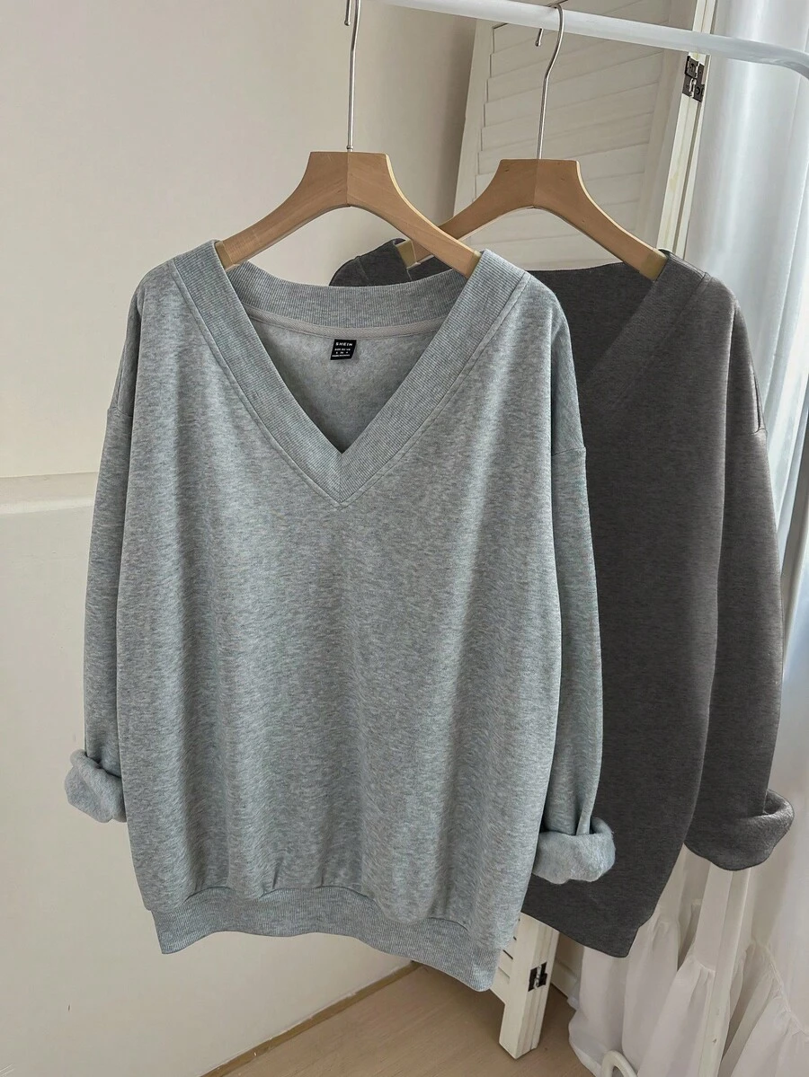 EMERY ROSE 2pcs/Set Plus Size V-Neck Loose Fleece Sweatshirt, Dark Grey & Light Grey, Suitable For Fall/Winter