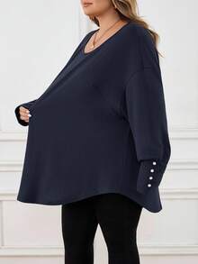 SHEIN CURVE+ Plus Size Women Green Loose T-Shirt, Autumnfall Clothes For Women,Winter,CURVE PLUS - Navy Blue - View 5