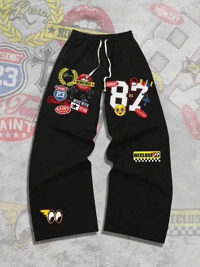 Street Life Men's Casual Loose Letter Print Drawstring Waist Wide Leg Sweatpants, Autumn/Winter
