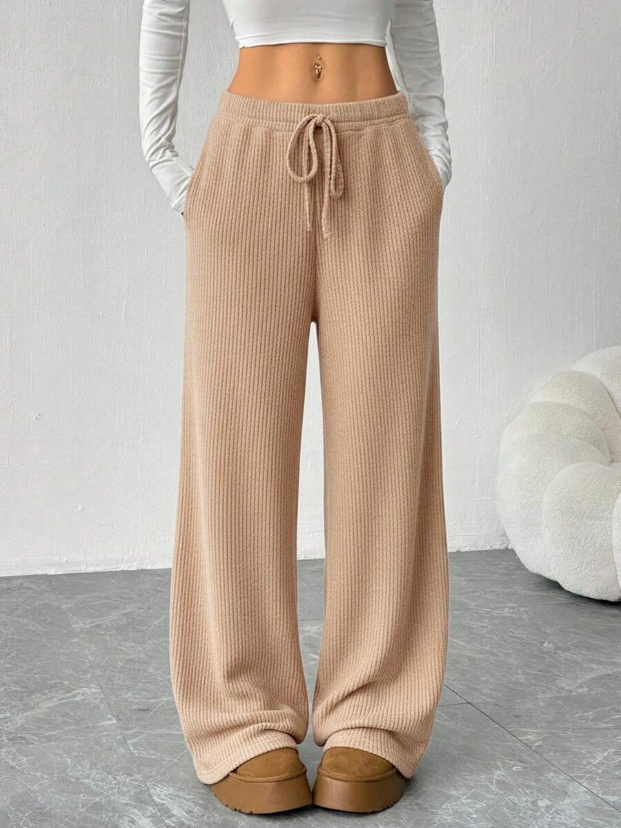 SHEIN EZwear Stylish Women's Camel Plain Knitted Wide Leg Long Pants With Pockets For Everyday Wear Comfy Pants Knit Pants Women Wide Leg Pants