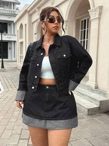 SHEIN ICON Áo khoác denim tay bo cổ cổ điển cỡ lớn, màu xám đậm - Màu xám đen - Xem 3