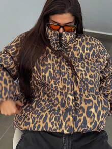 DAZY Leopard Print Padded Coat, Warm & Thick For Women, Autumn/Winter Jacket - Khaki - View 14