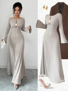 Elenzga 女士秋冬圆领喇叭袖紧身弹力针织腰部 A 字休闲中长连衣裙 - 卡其色 - 查看 3