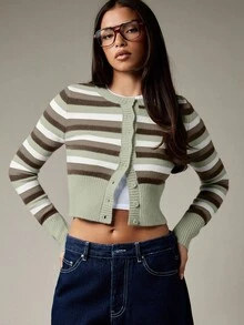 MISSGUIDED Fitted Button Front Y2K Cardigan Long Sleeve Preppy Style Ribbed Knit Crop Fall Winter Striped Collegiate Sweater Retro School Fashion Knitwear - Army Green - View 4