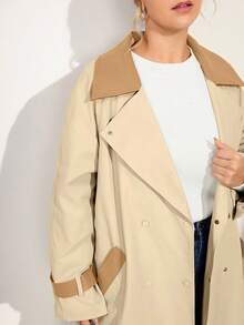 Momelise Plus Size Women PU Leather Patchwork Windbreaker, Mid-Length High-End Elegant Jacket - Khaki - View 6
