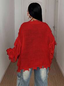 Maweii 大码女长袖纯色V领破洞针织衫宽松休闲日常通勤秋冬 - 紅色 - 查看 2