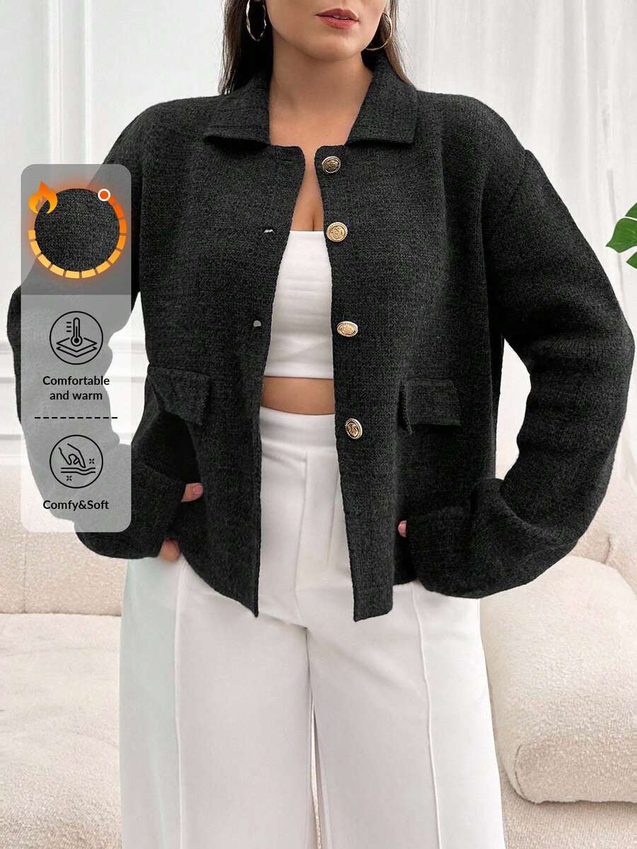 EURMUSE Plus Size Women Single-Breasted Dropped Shoulder Long Sleeve Cardigan - Black - View 1