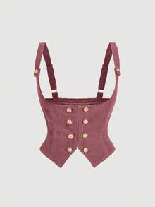 SHEIN MOD Áo ngực hai hàng khuy bằng vải nhung kẻ retro cỡ lớn dành cho nữ - Hồng - Xem 1