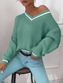 RueChic 條紋飾邊落肩袖套頭毛衣 - 綠色 - 查看 4