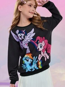 My Little Pony X SHEIN Sudadera holgada con estampado de unicornio de dibujos animados para niñas preadolescentes, informal y linda, para primavera/otoño - Negro - Ver 6