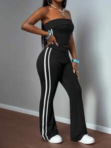 Slaydiva 2025 夏秋新款休闲简约藏青色修身长袖短款开边缝丝带T恤+修身长喇叭裤女两件套，适合日常旅行、返校、毕业、早午餐装、机场装、派对聚会、节日、旅行、简约、百搭、休闲-Z